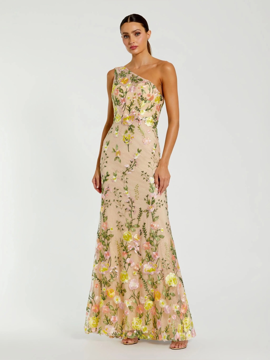 Mac Duggal 68606 Beige One Shoulder Lace Embroidered Gown 6 Nwt Yellow Multi